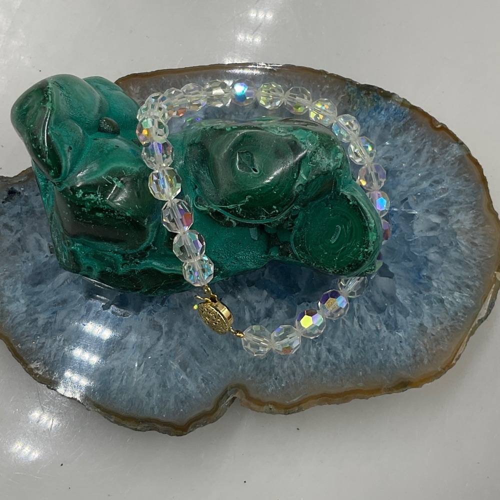7” Aurora Borealis Sparkling Iridescent Beaded Bracelet With Gold Clasp